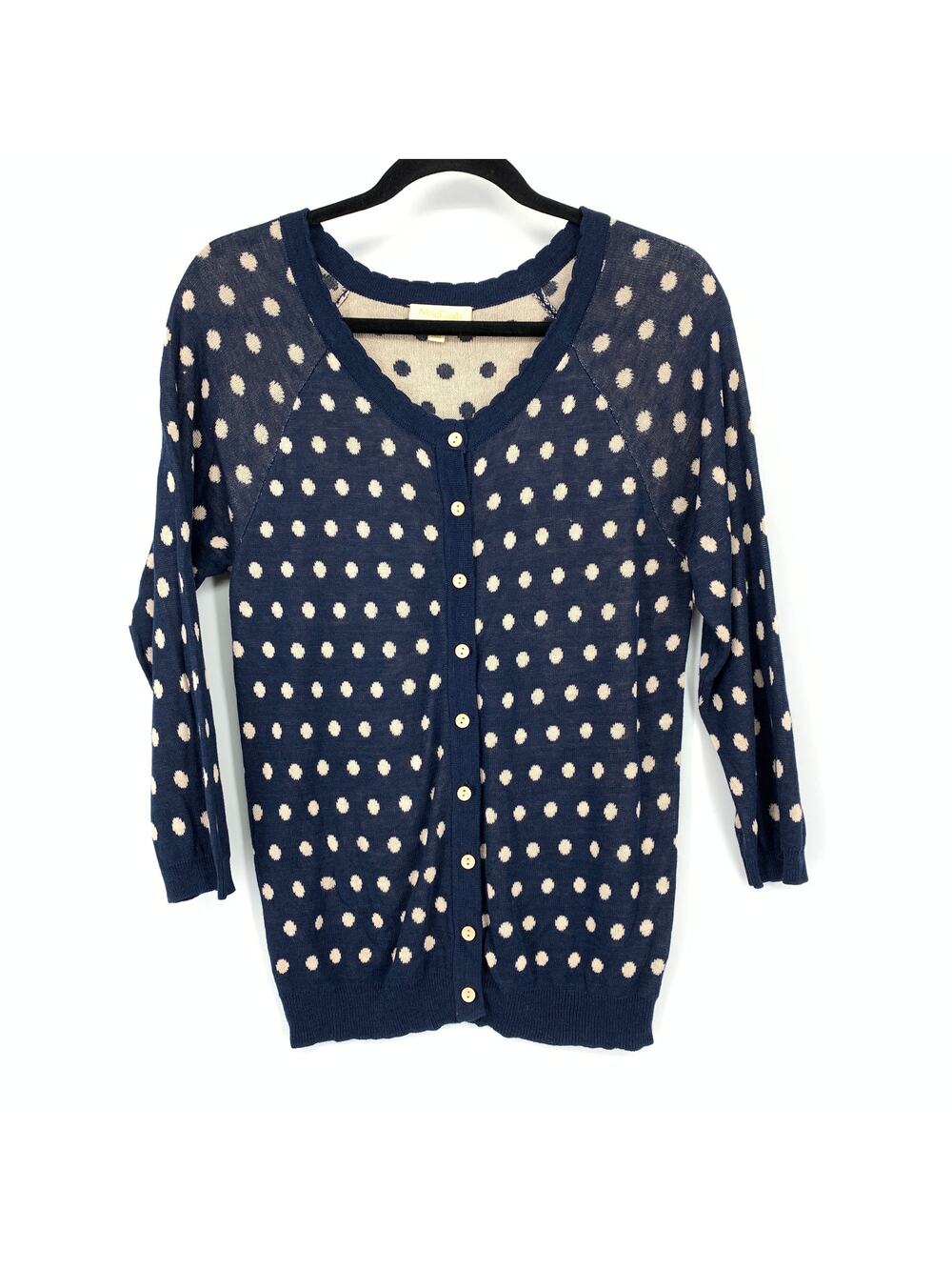 ModCloth Button Front Cardigan Sweater Womens Size Medium Navy Beige Polka Dot